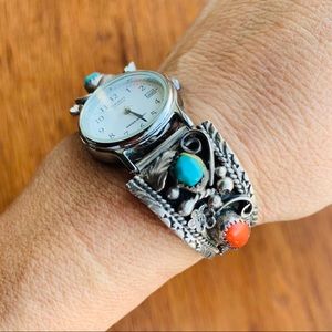 Navajo Watch with Turquoise and Coral Stones
